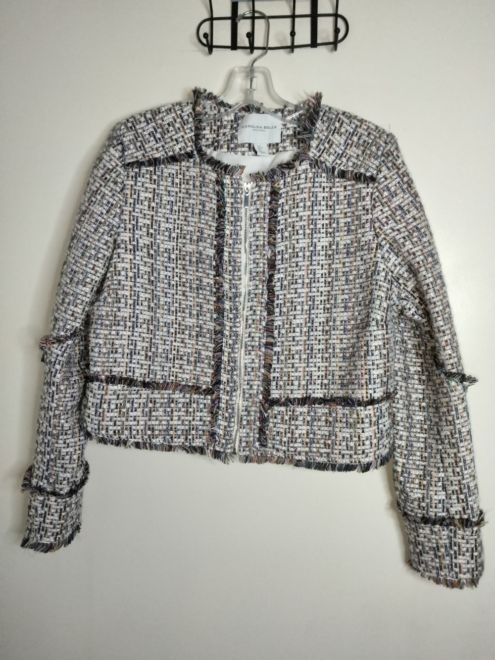 Carolina Belle -L- Multicolored Tweed Crop Fringe-Trim Preppy Full Zip LS Jacket